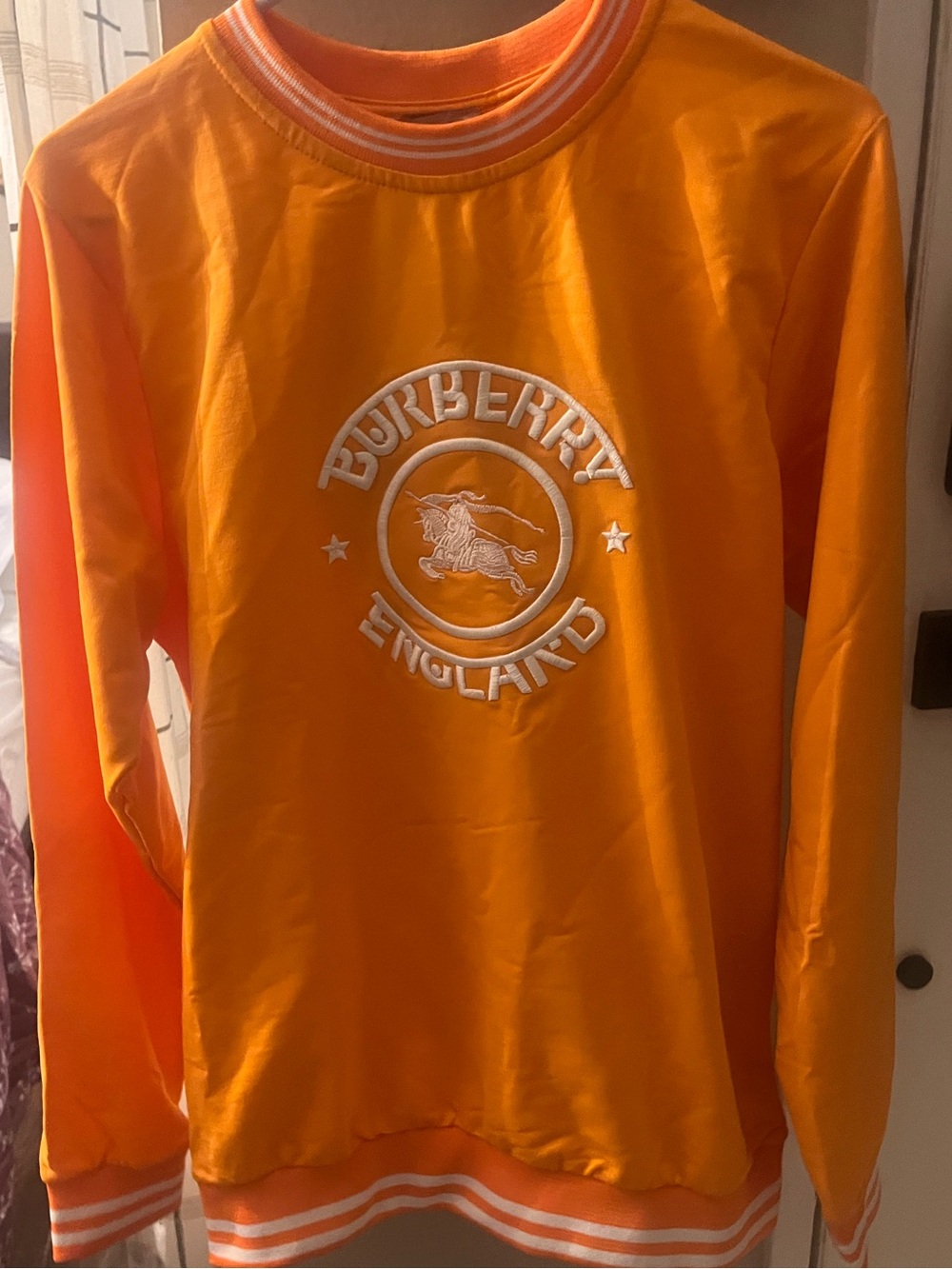 Burberry Orange and White Striped Collar Cotton Sweater